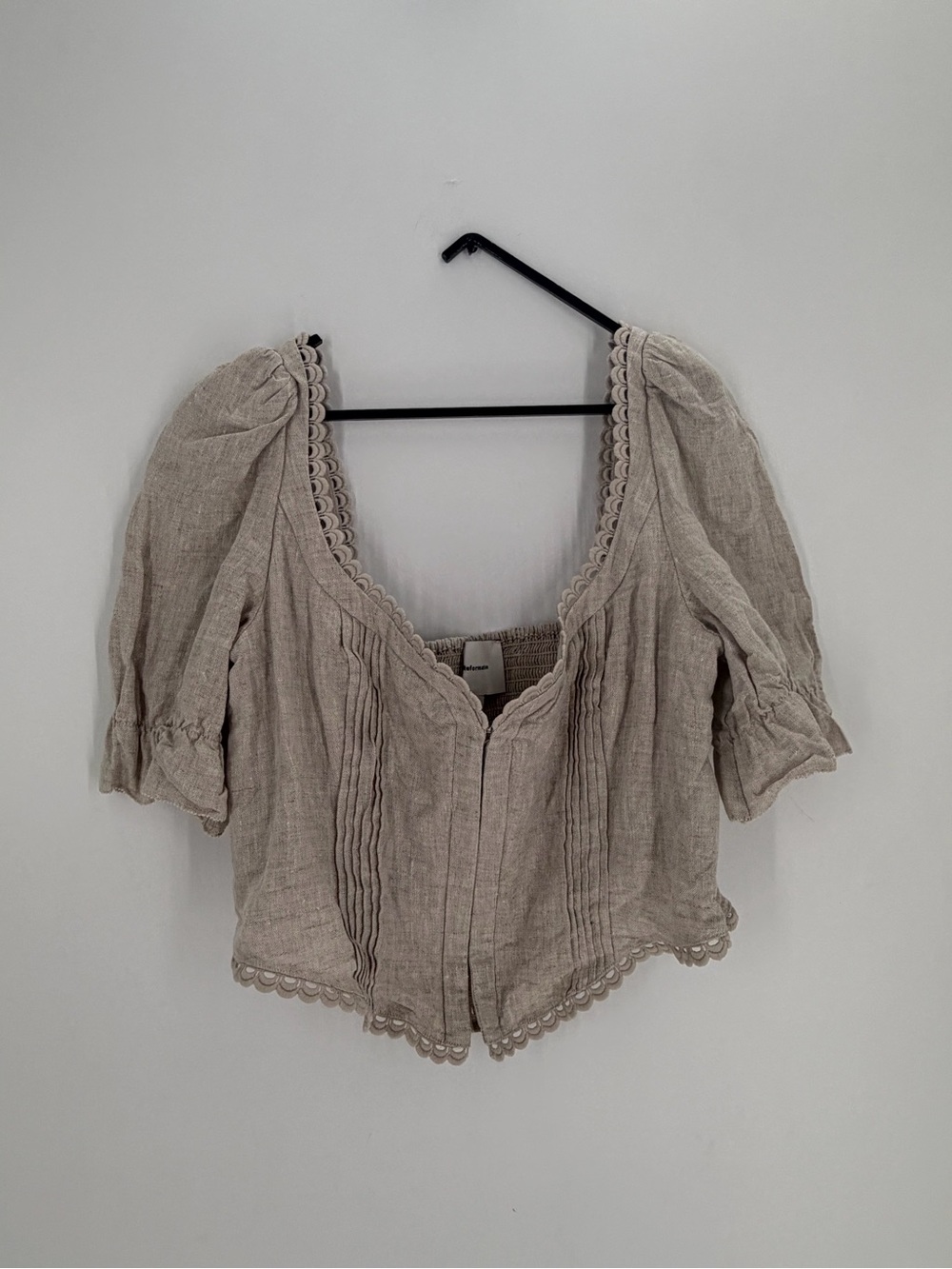 Reformation Simmie Linen Puff Sleeve Ruffled Detailed Trim Top In Oatmeal